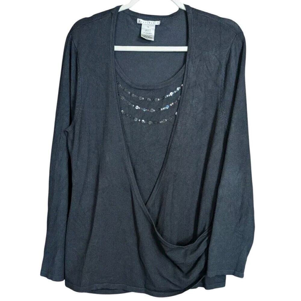 Fred David Sweater Women's XL Black Pullover Faux Wrap Twin Set Sequins